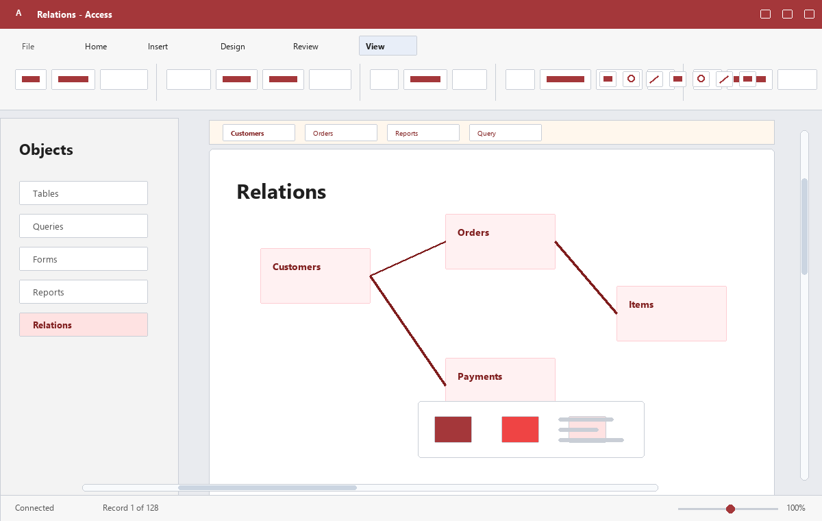 Скриншот Microsoft Access 2016 с схемой связей