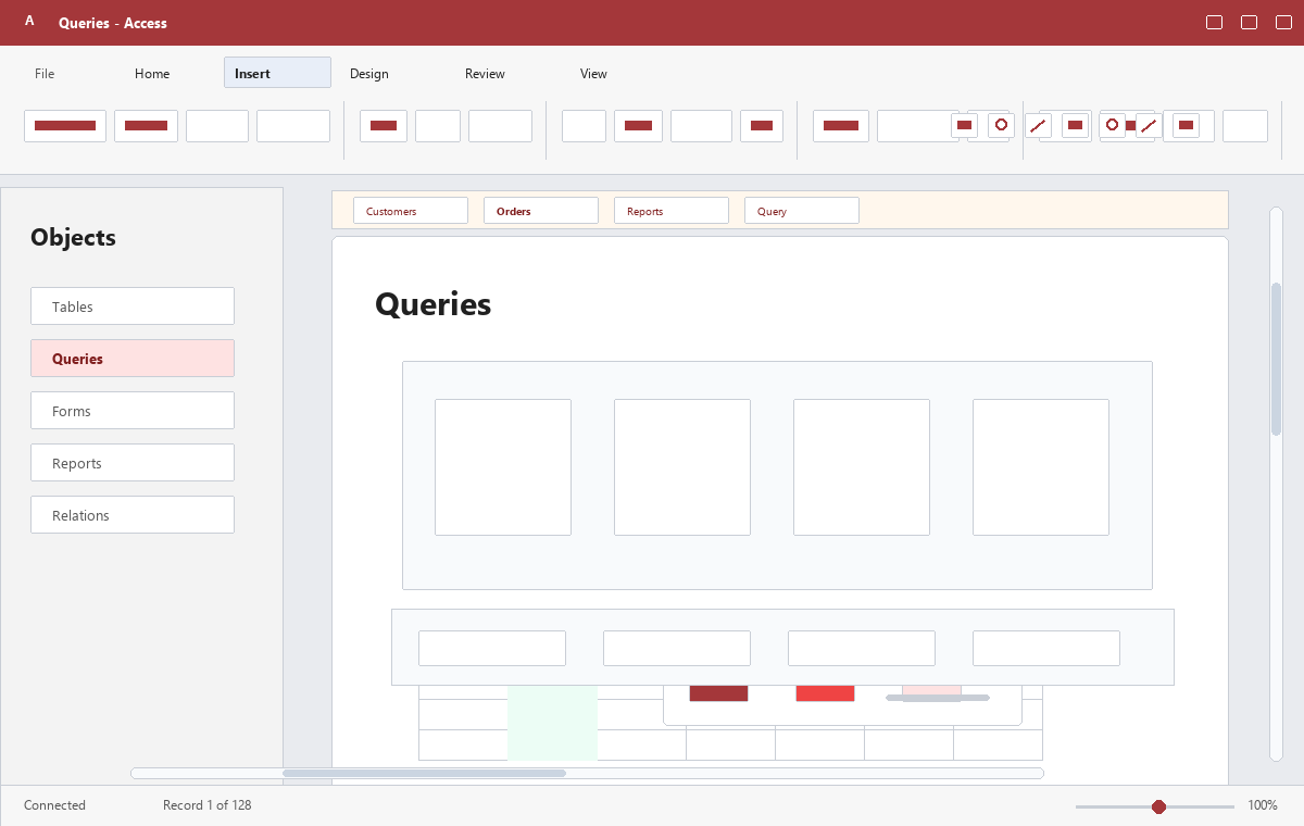 Скриншот Microsoft Access 2016 с конструктором запросов