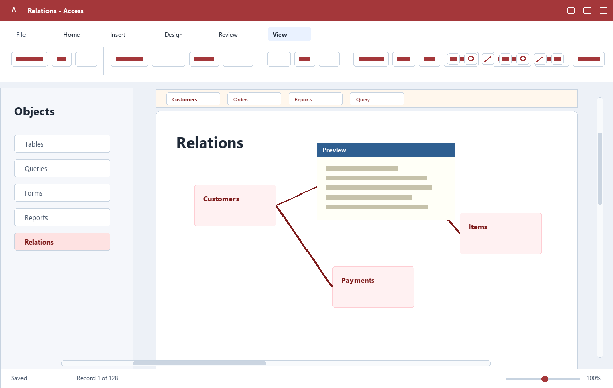Скриншот Microsoft Access 2019 с схемой связей