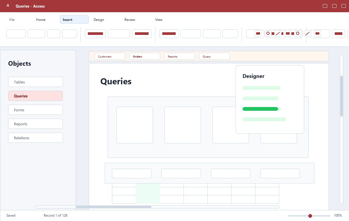Скриншот Microsoft Access 2019 с конструктором запросов