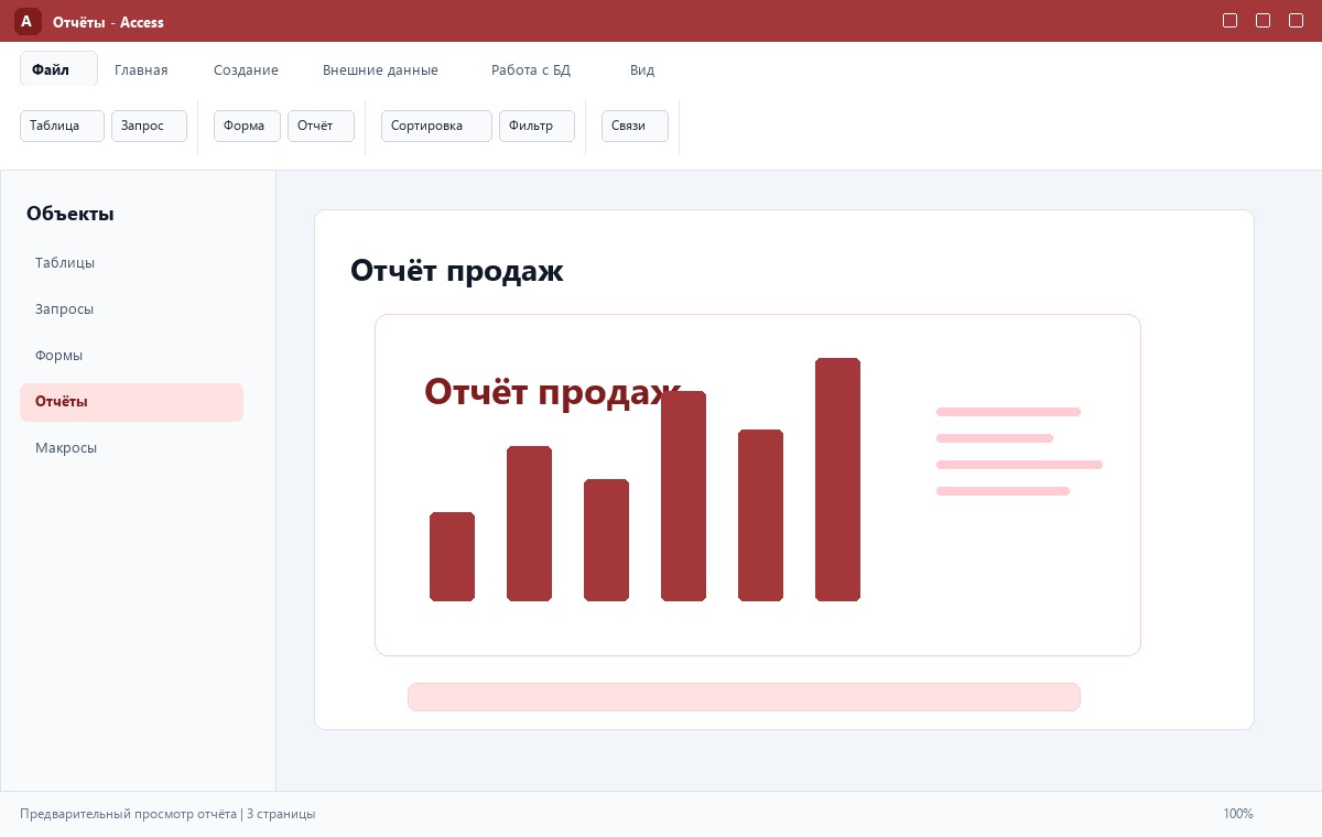 Скриншот Microsoft Access 2024 с отчётом продаж
