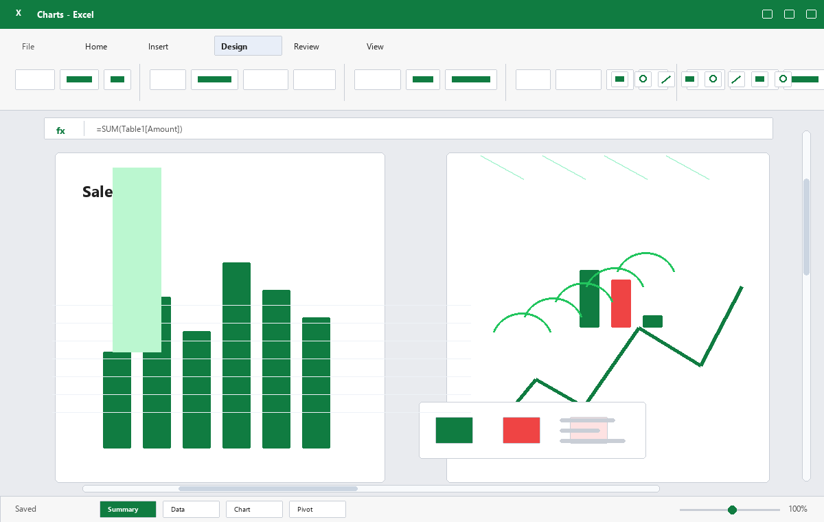 Скриншот Microsoft Excel 2016 с диаграммами отчёта