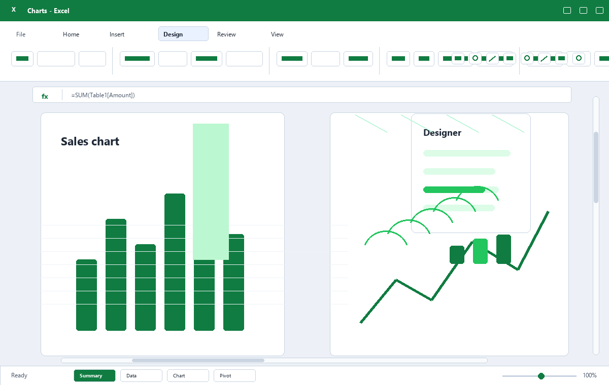 Скриншот Microsoft Excel 2019 с диаграммами отчёта