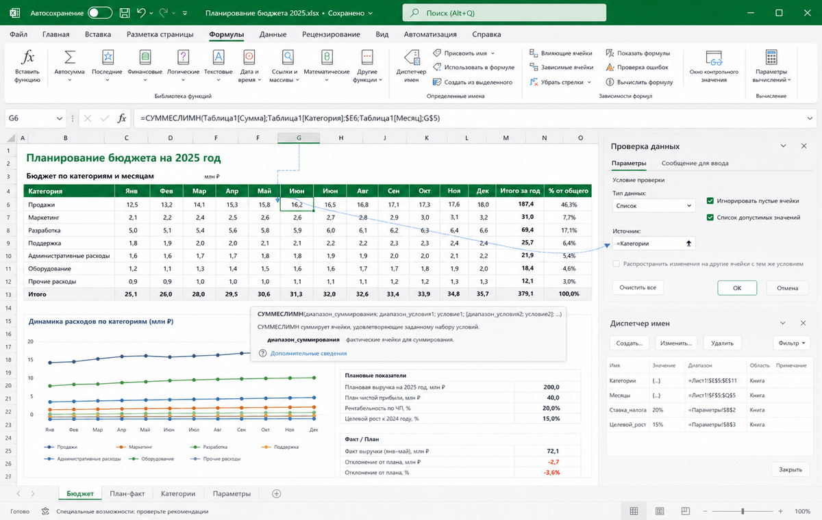 Скриншот Microsoft Excel 2025 с проверкой формул