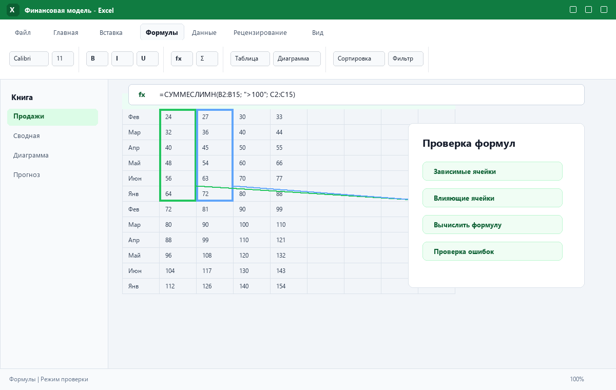 Скриншот Microsoft Excel 2024 с формулами и панелью вычислений
