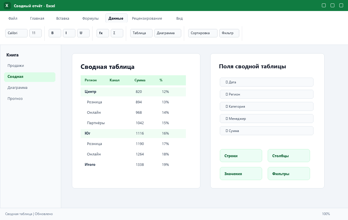 Скриншот Microsoft Excel 2024 со сводной таблицей