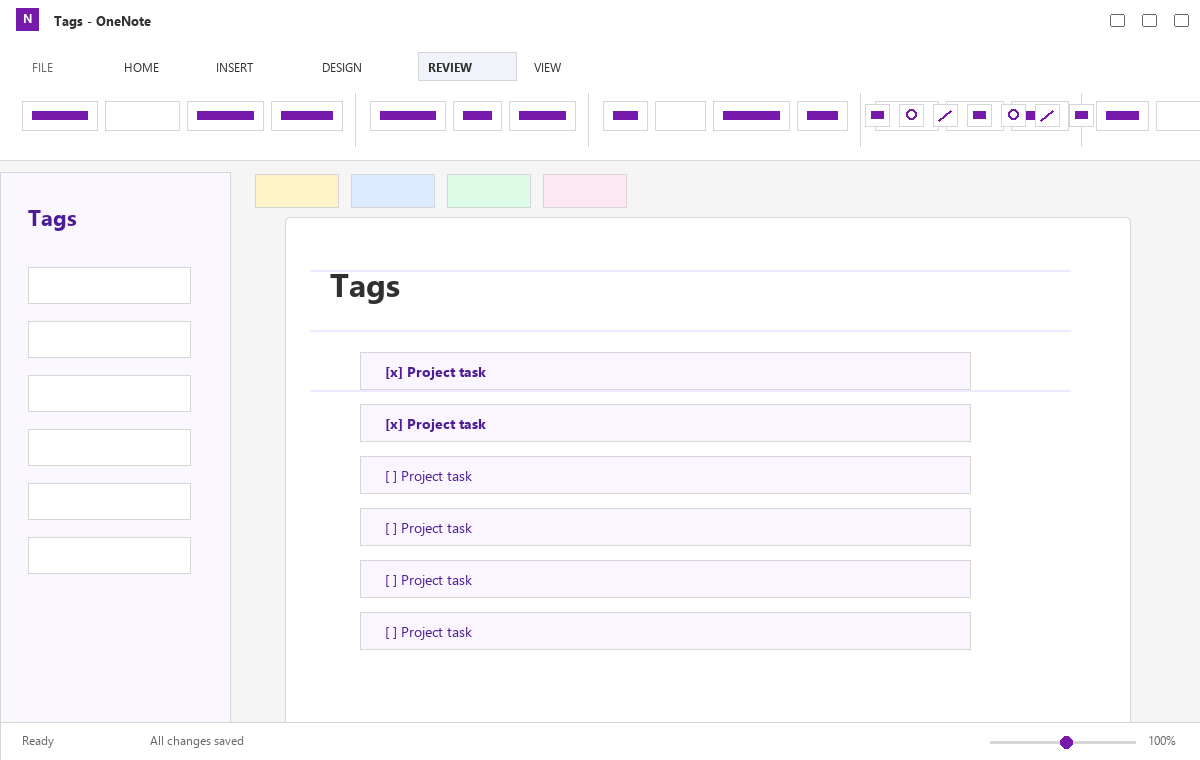 Скриншот Microsoft OneNote 2013 с метками задач
