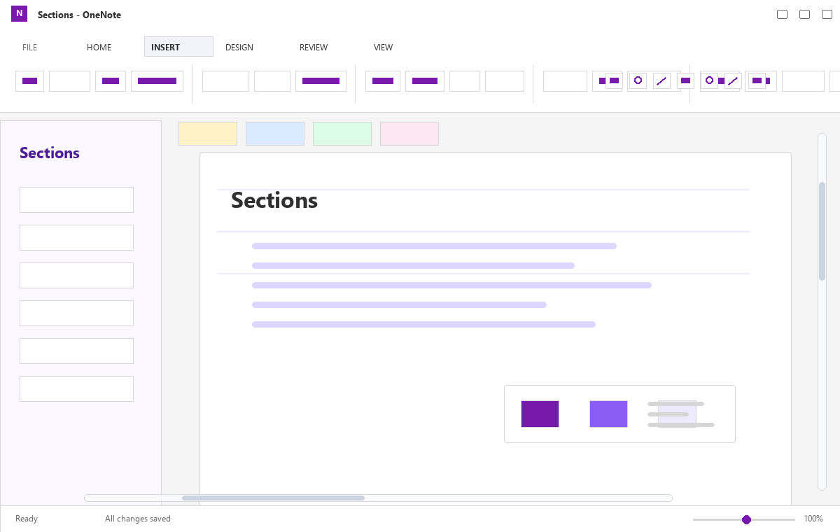 Скриншот Microsoft OneNote 2013 с разделами и страницами
