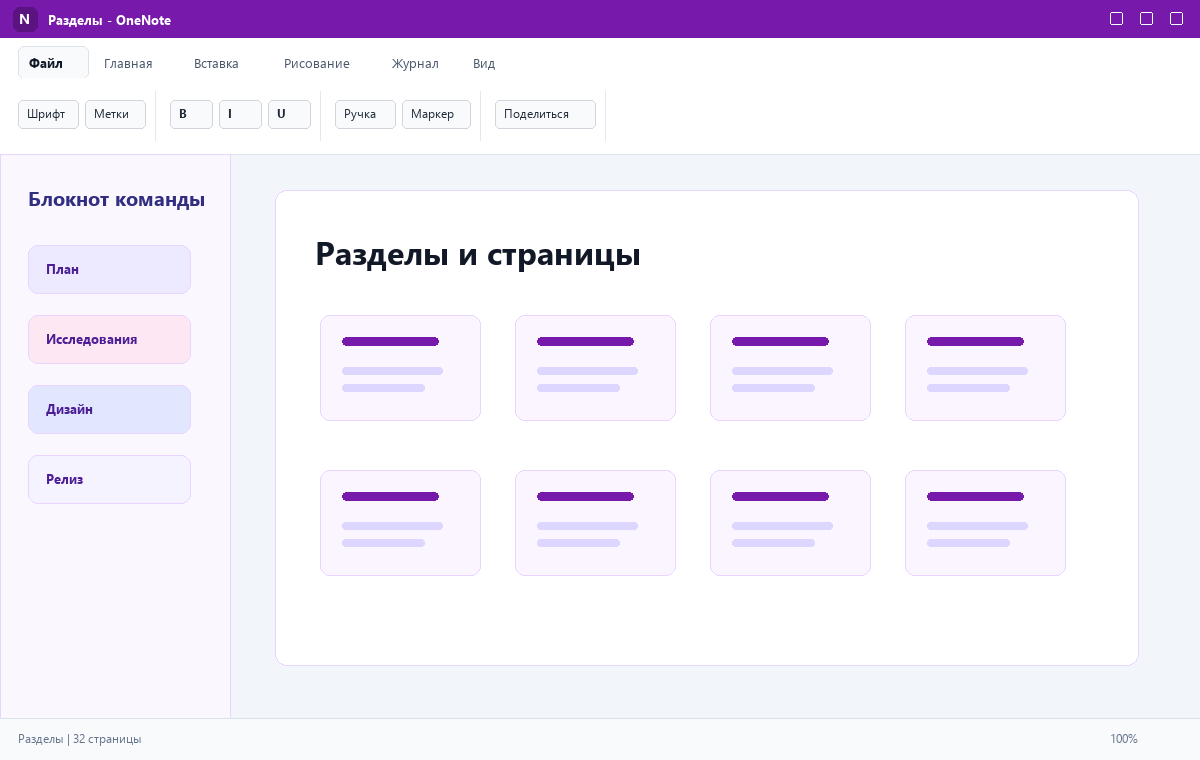 Скриншот Microsoft OneNote 2024 с разделами и страницами