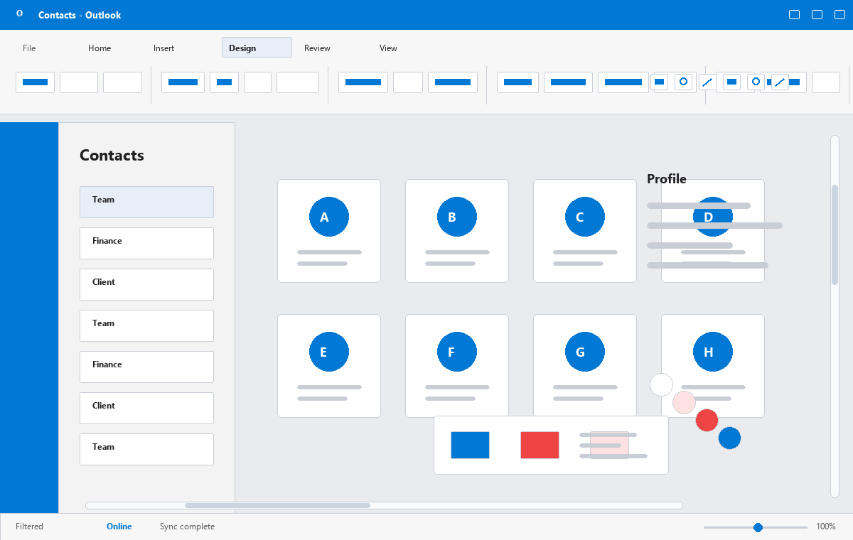 Скриншот Microsoft Outlook 2016 с списком контактов
