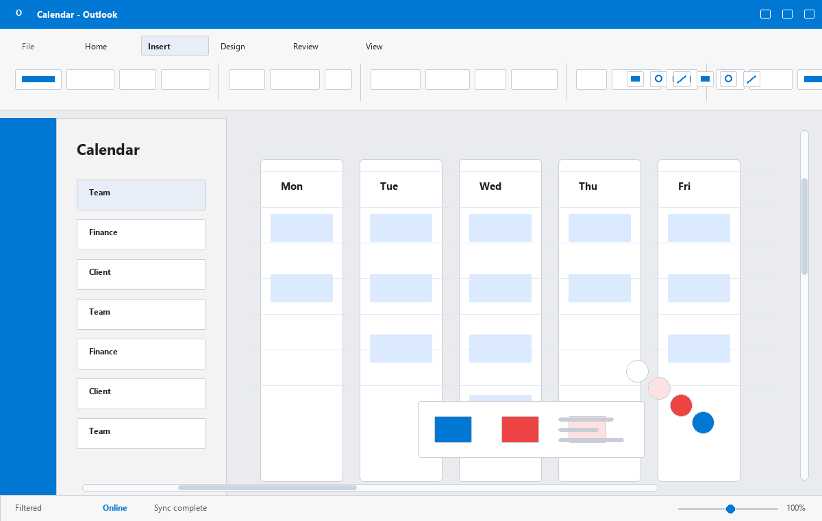 Скриншот Microsoft Outlook 2016 с календарём встреч