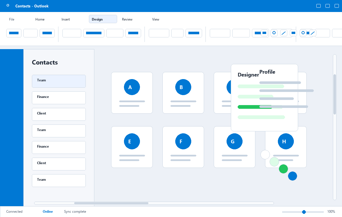 Скриншот Microsoft Outlook 2019 с списком контактов