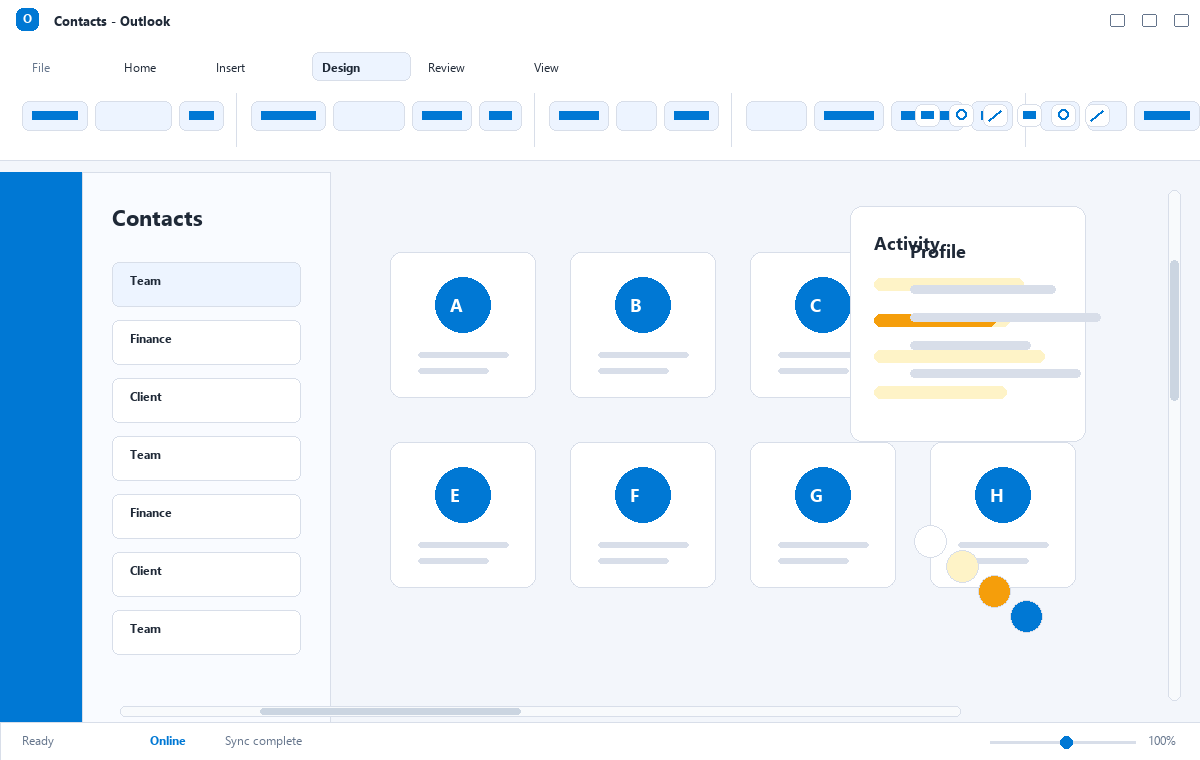 Скриншот Microsoft Outlook 2021 с списком контактов