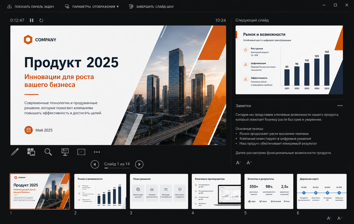 Скриншот Microsoft PowerPoint 2025 с режимом докладчика