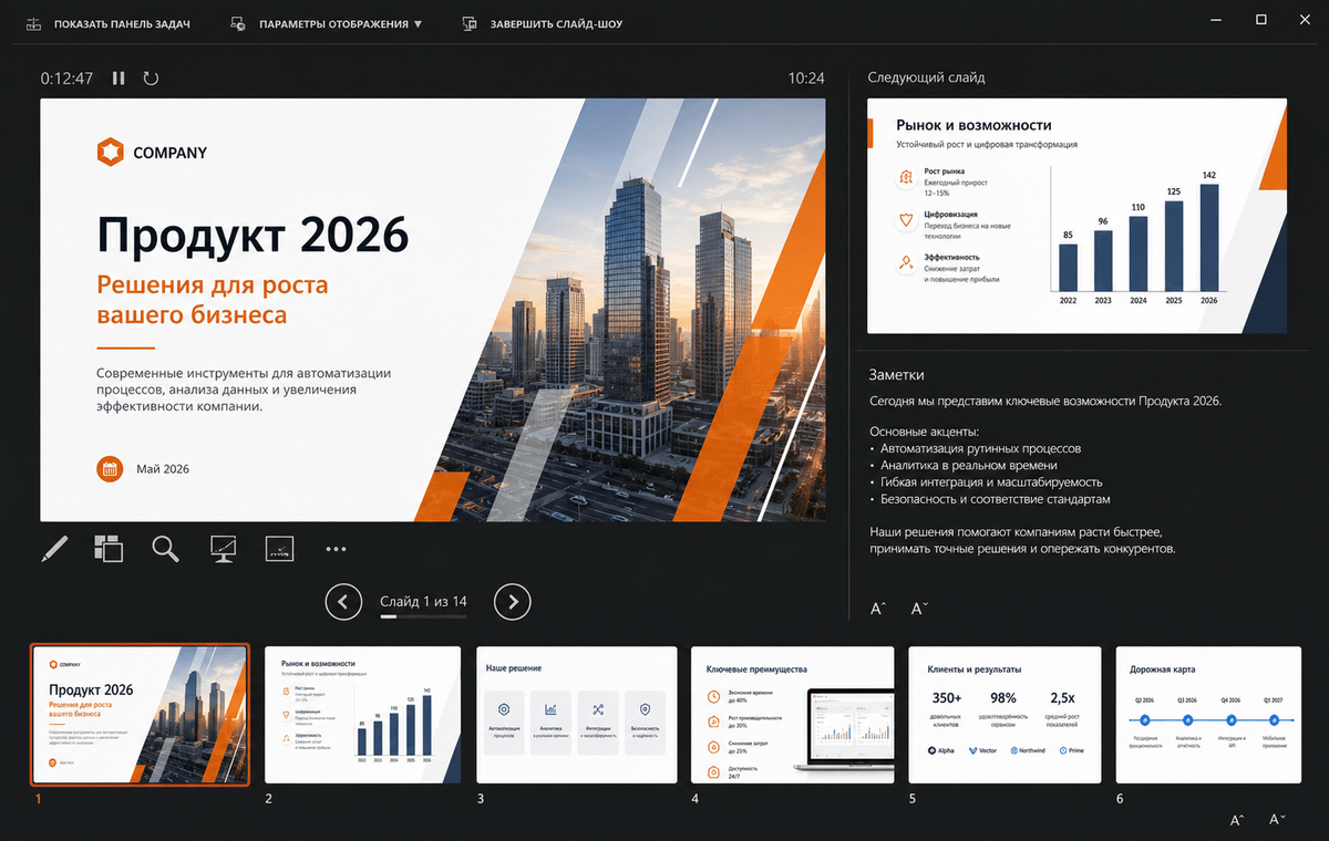 Скриншот Microsoft PowerPoint 2026 с режимом докладчика