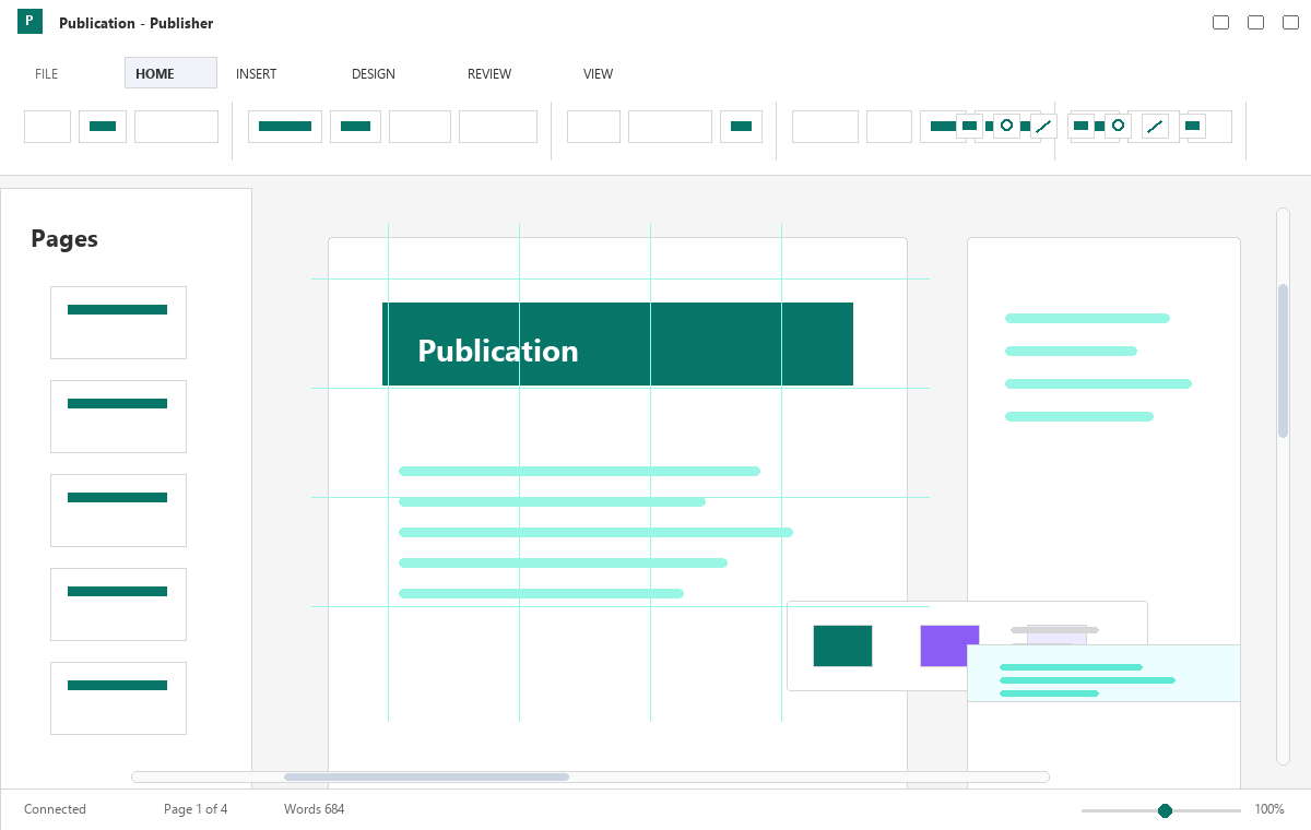 Скриншот Microsoft Publisher 2013 с макетом публикации