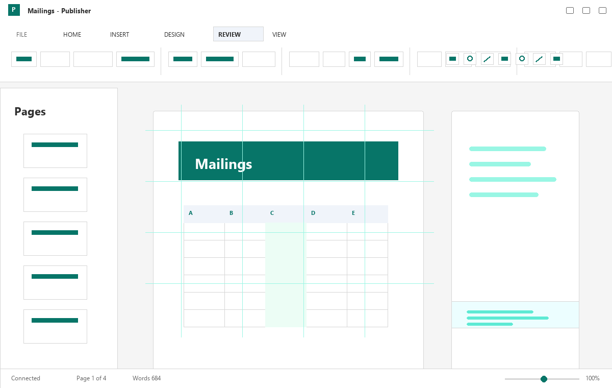 Скриншот Microsoft Publisher 2013 с инструментами рассылки