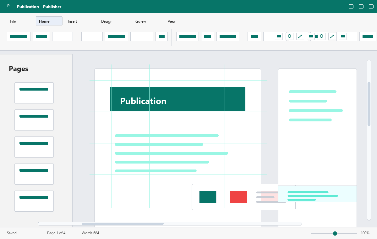 Скриншот Microsoft Publisher 2016 с макетом публикации