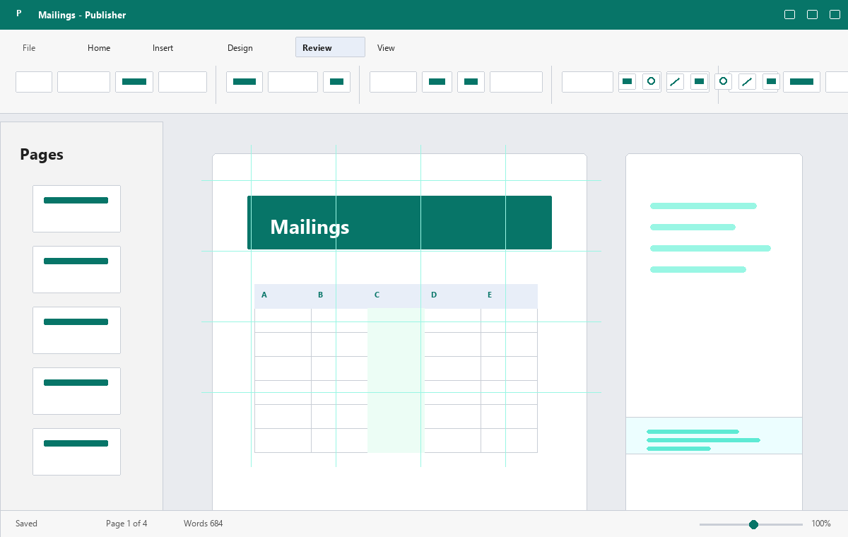Скриншот Microsoft Publisher 2016 с инструментами рассылки