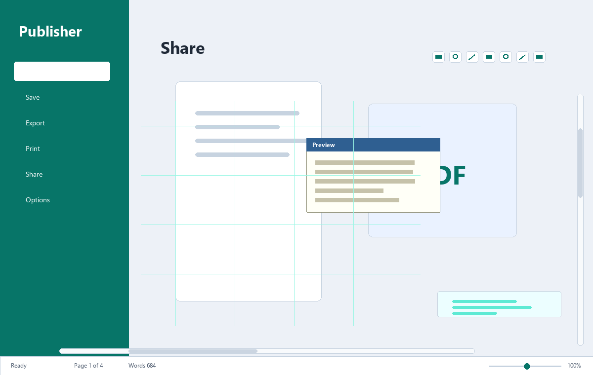 Скриншот Microsoft Publisher 2019 с подготовкой к печати