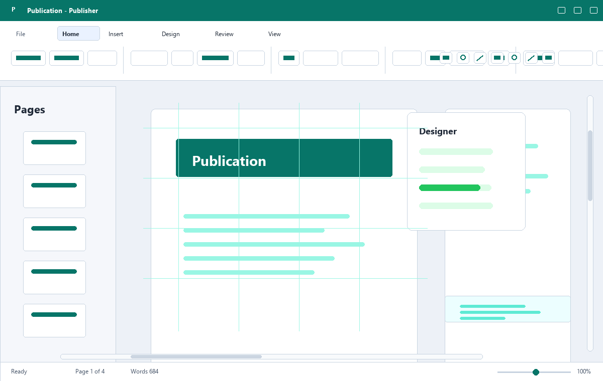 Скриншот Microsoft Publisher 2019 с макетом публикации