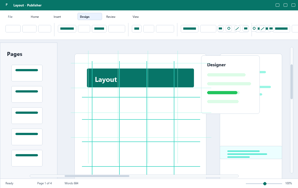 Скриншот Microsoft Publisher 2019 с направляющими макета