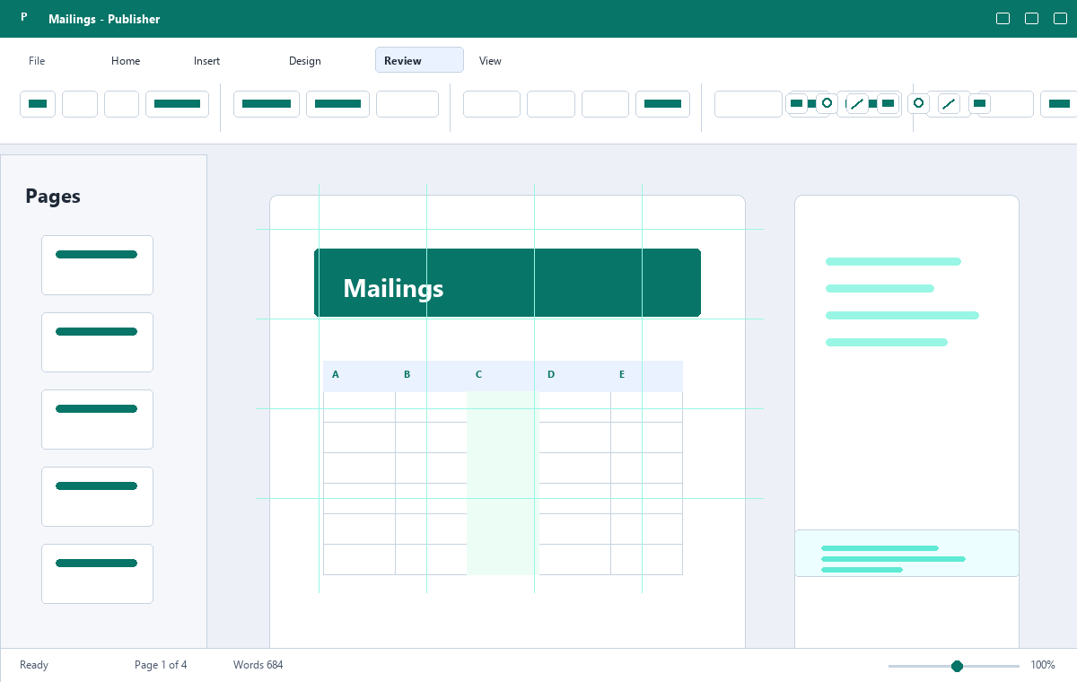 Скриншот Microsoft Publisher 2019 с инструментами рассылки