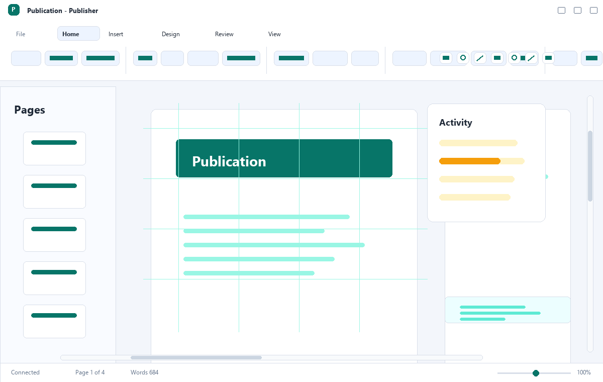 Скриншот Microsoft Publisher 2021 с макетом публикации