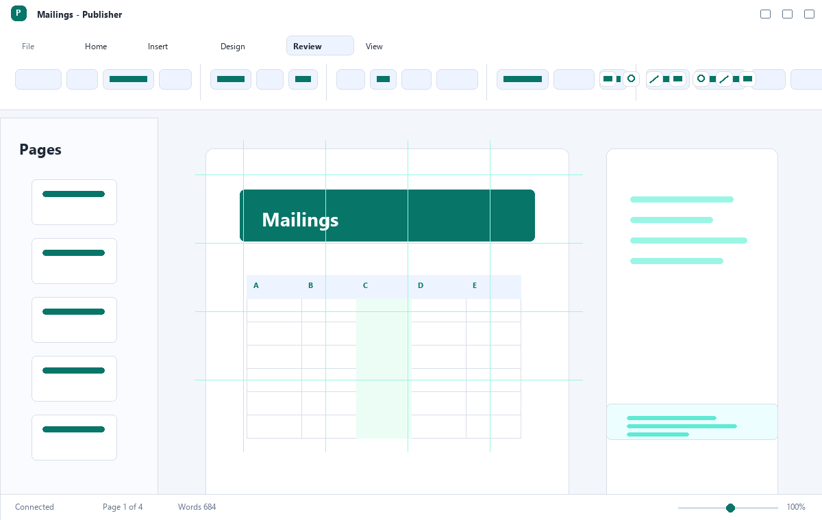 Скриншот Microsoft Publisher 2021 с инструментами рассылки