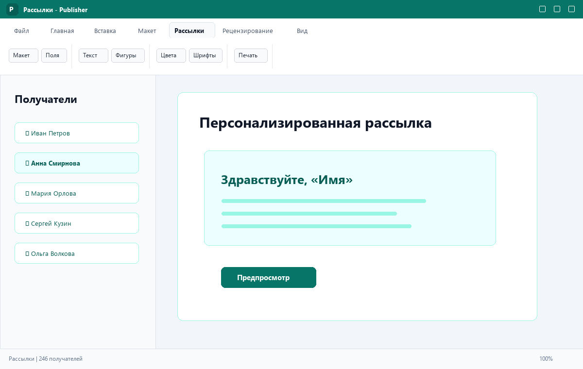 Скриншот Microsoft Publisher 2024 с инструментами рассылки